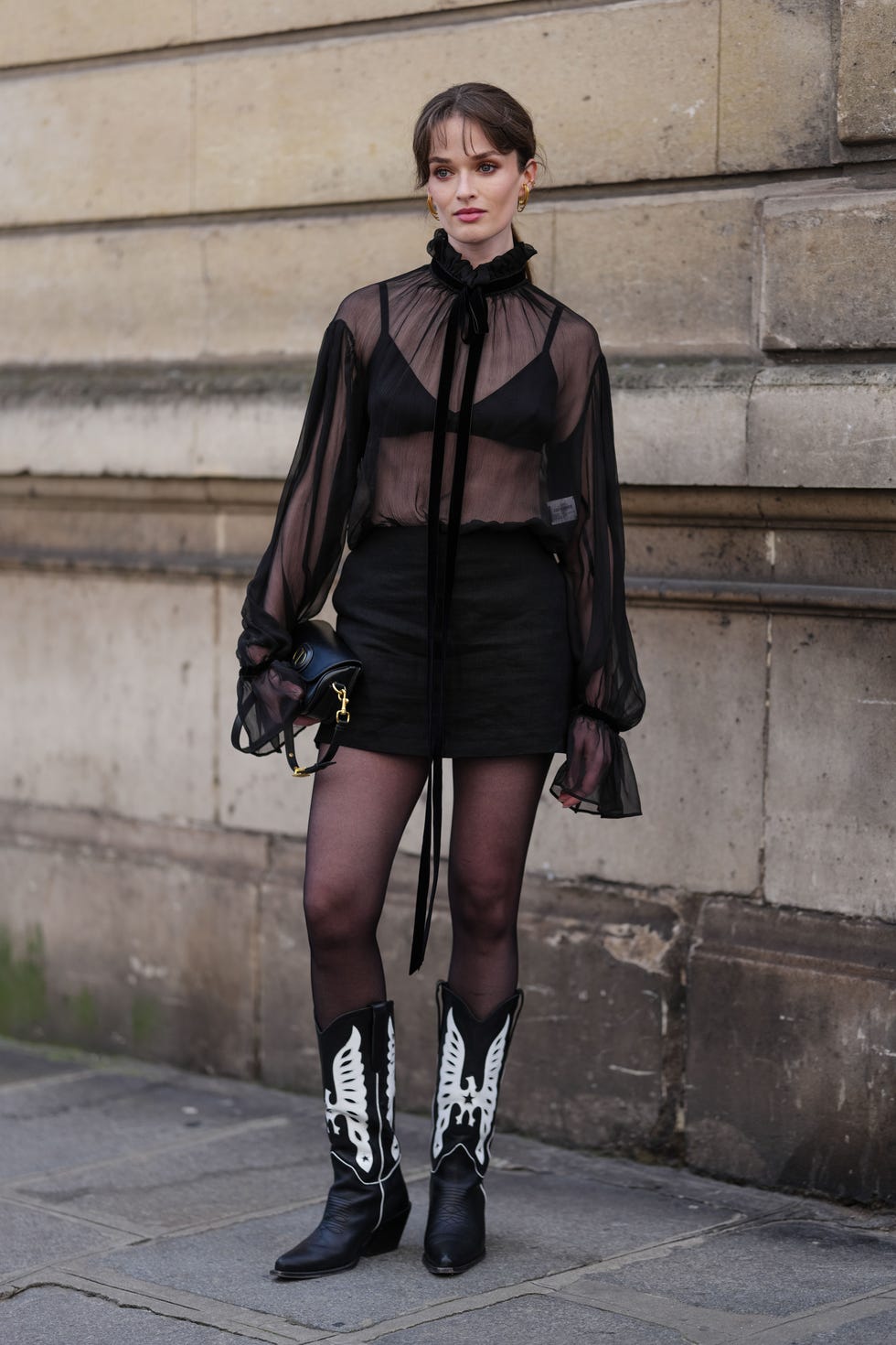 Sheer Blouse With Mini Skirt And Cowboy Boots Sheer Blouse With Mini Skirt And Cowboy Boots — Classy Outfits with Tights