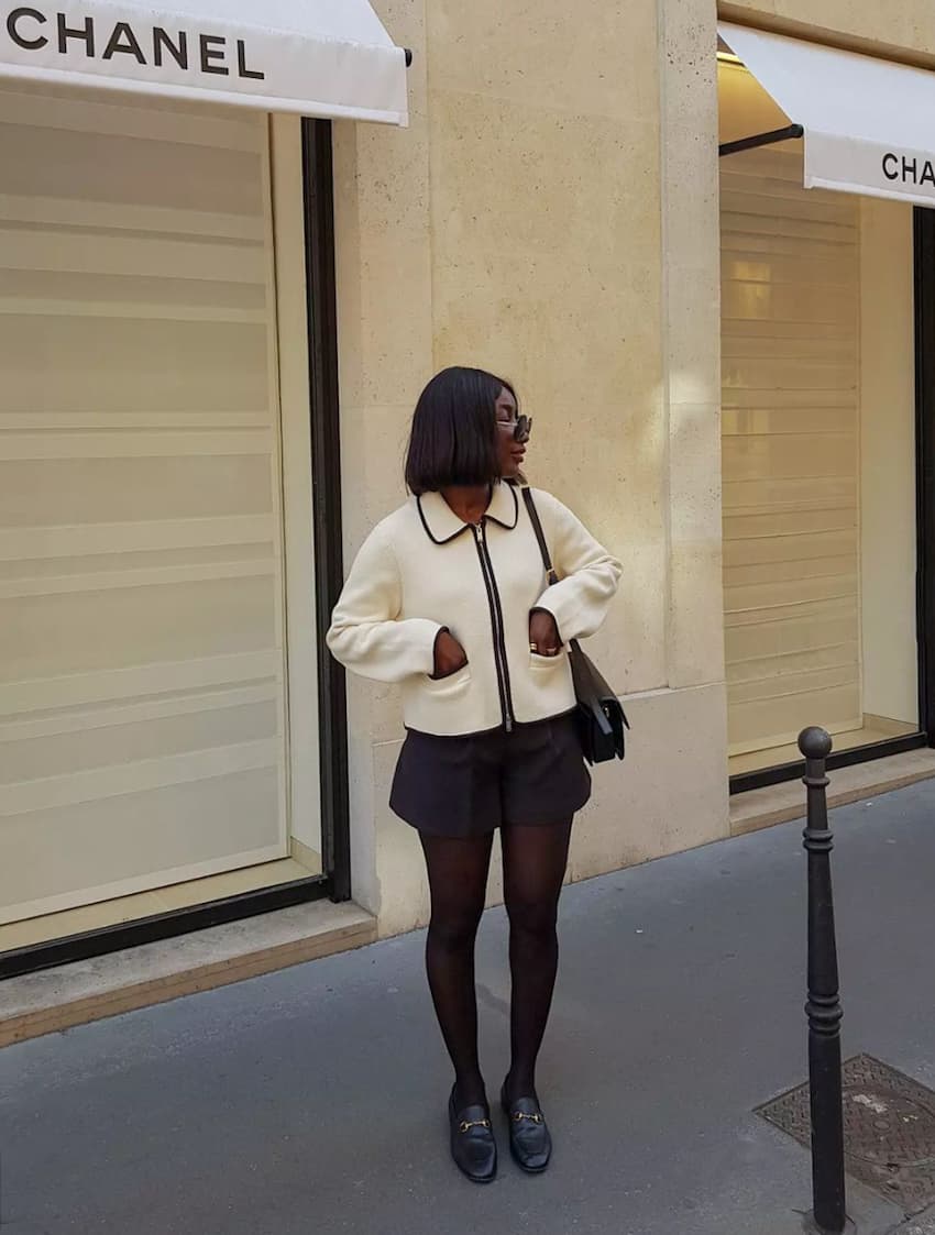 Knit Jacket With Shorts And Opaque Tights Knit Jacket With Shorts And Opaque Tights — Classy Outfits with Tights