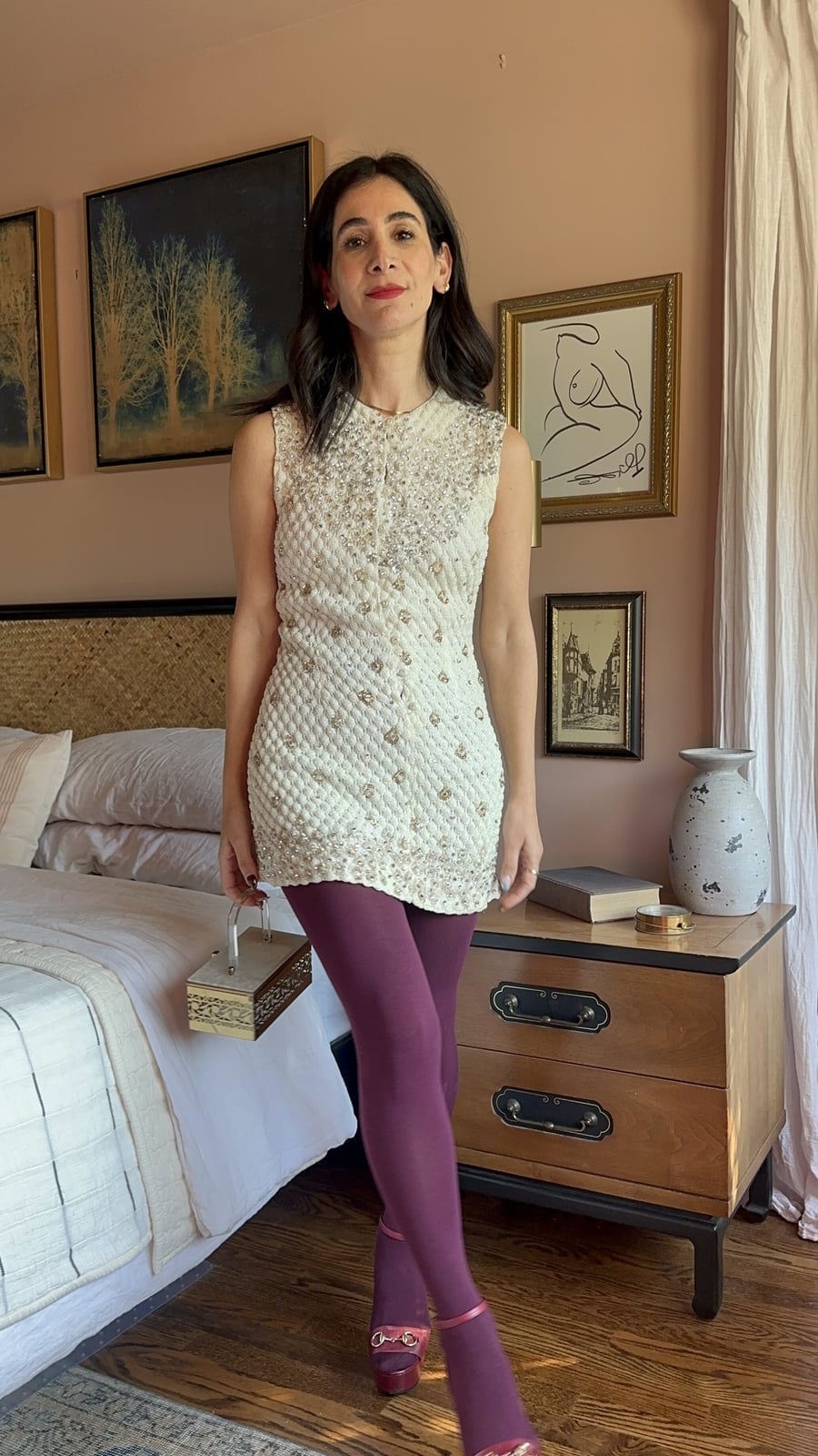 Embellished Tunic Over Shorts With Purple Tights Embellished Tunic Over Shorts With Purple Tights — Classy Outfits with Tights