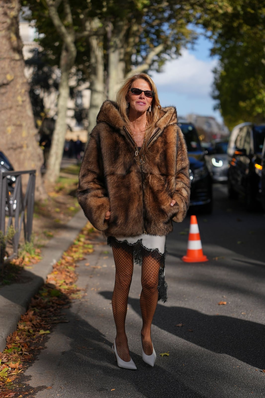 Brown Faux Fur Coat With Slip Dress And Fishnet Tights Brown Faux Fur Coat With Slip Dress And Fishnet Tights — Classy Outfits with Tights