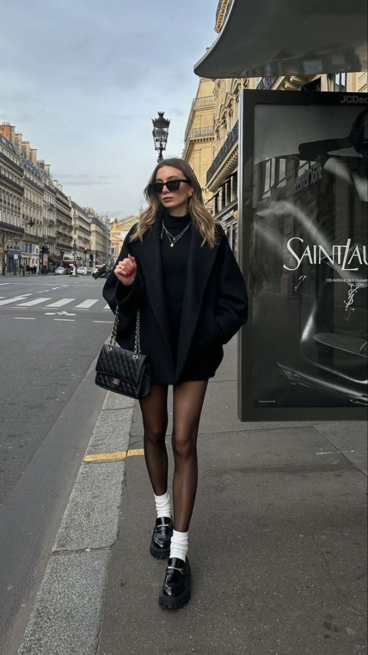 Black Coat Over Mini Dress With Tights And Loafers Black Coat Over Mini Dress With Tights And Loafers — Classy Outfits with Tights