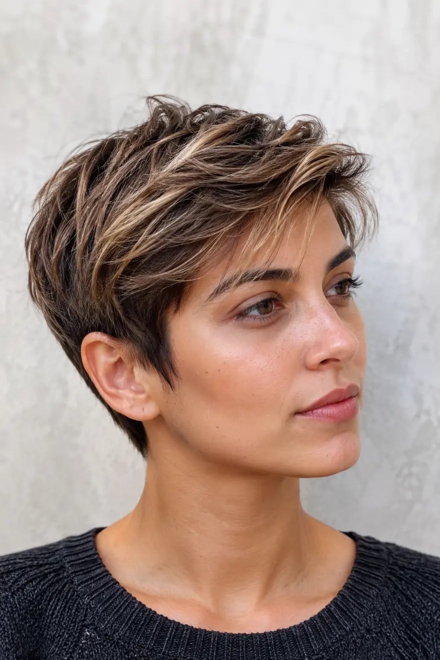 Textured Pixie With Wispy Side Bangs Textured Pixie With Wispy Side Bangs — Classy Oval Face Haircuts