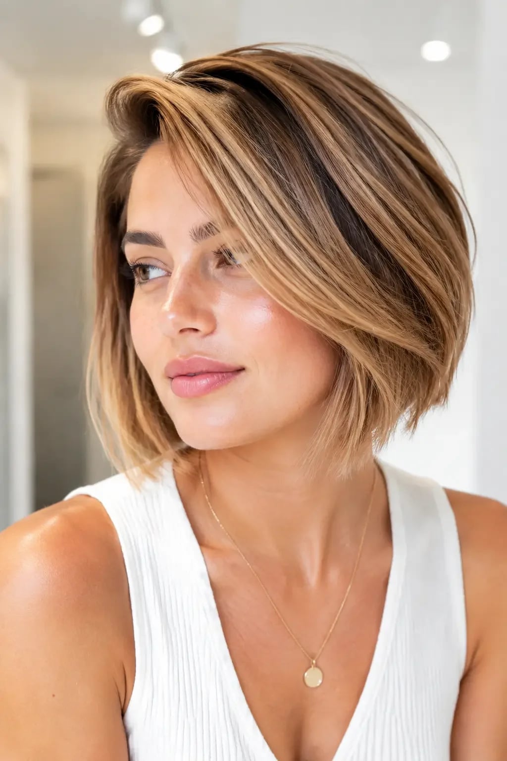 Sleek Chin Length Bob With Side Swept Bangs Sleek Chin Length Bob With Side Swept Bangs — Classy Oval Face Haircuts
