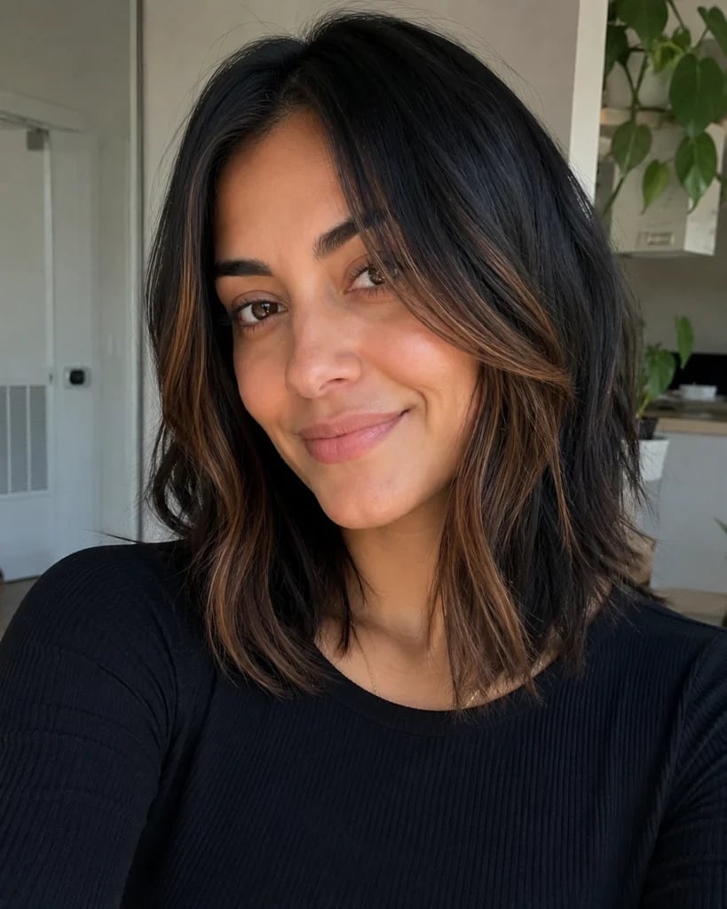Dark Brown Lob With Face-Framing Caramel Highlights Dark Brown Lob With Face-Framing Caramel Highlights — Classy Partial Highlights