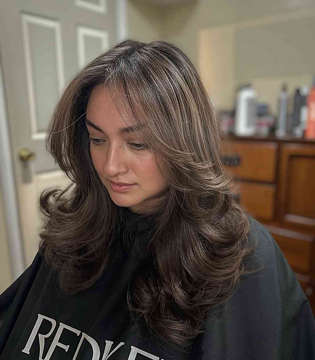 Ash Brown Collarbone Layers With Curtain Bangs Ash Brown Collarbone Layers With Curtain Bangs — Classy Partial Highlights