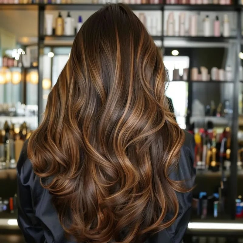 Mid-Back Dark Brown Layers With Caramel Highlights Mid-Back Dark Brown Layers With Caramel Highlights — Classy Partial Highlights