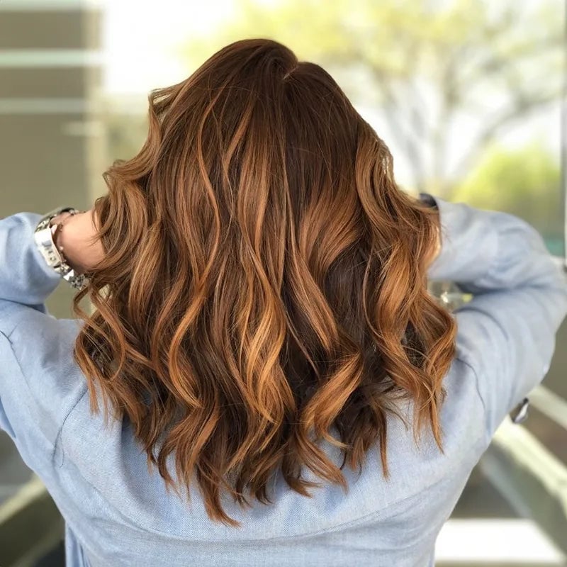 Medium Brown Mid-Back Layers With Auburn Highlights Medium Brown Mid-Back Layers With Auburn Highlights — Classy Partial Highlights