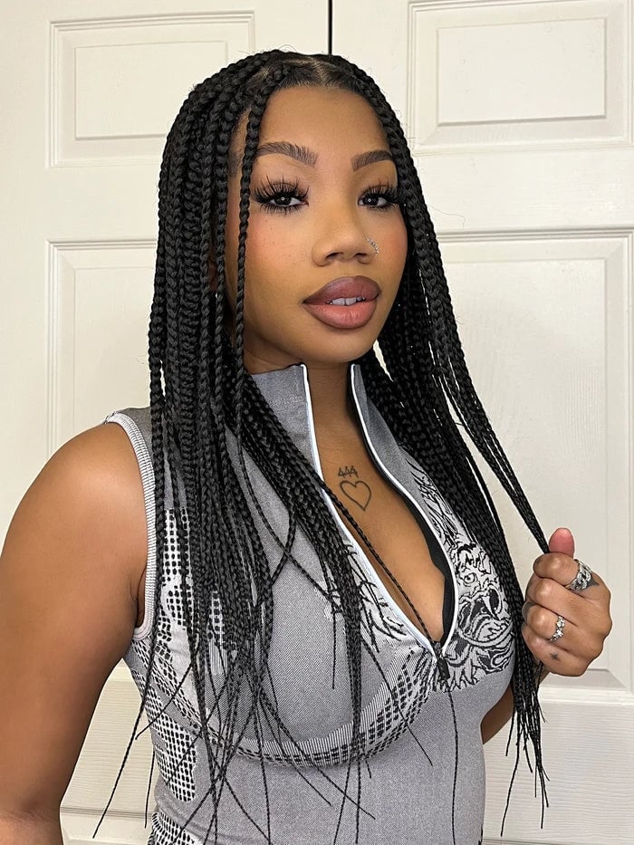 Solid Black Mid-Back Box Braids Solid Black Mid-Back Box Braids — Classy Parting Braids