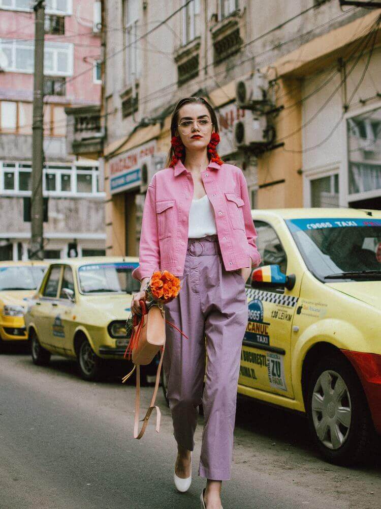 Pink Cropped Denim Jacket With Lilac Trousers — Classy Pastel Outfits