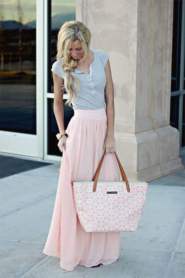 Grey Henley Top With Pale Pink Chiffon Maxi Skirt — Classy Pastel Outfits