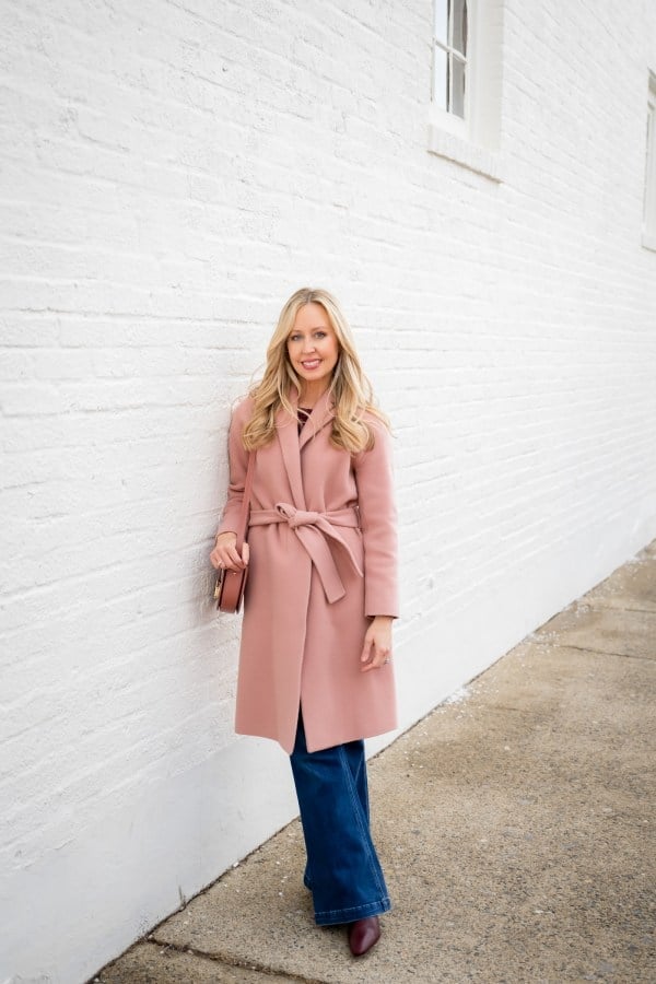 Pink Tie-Waist Coat Over Burgundy Top — Classy Pastel Outfits