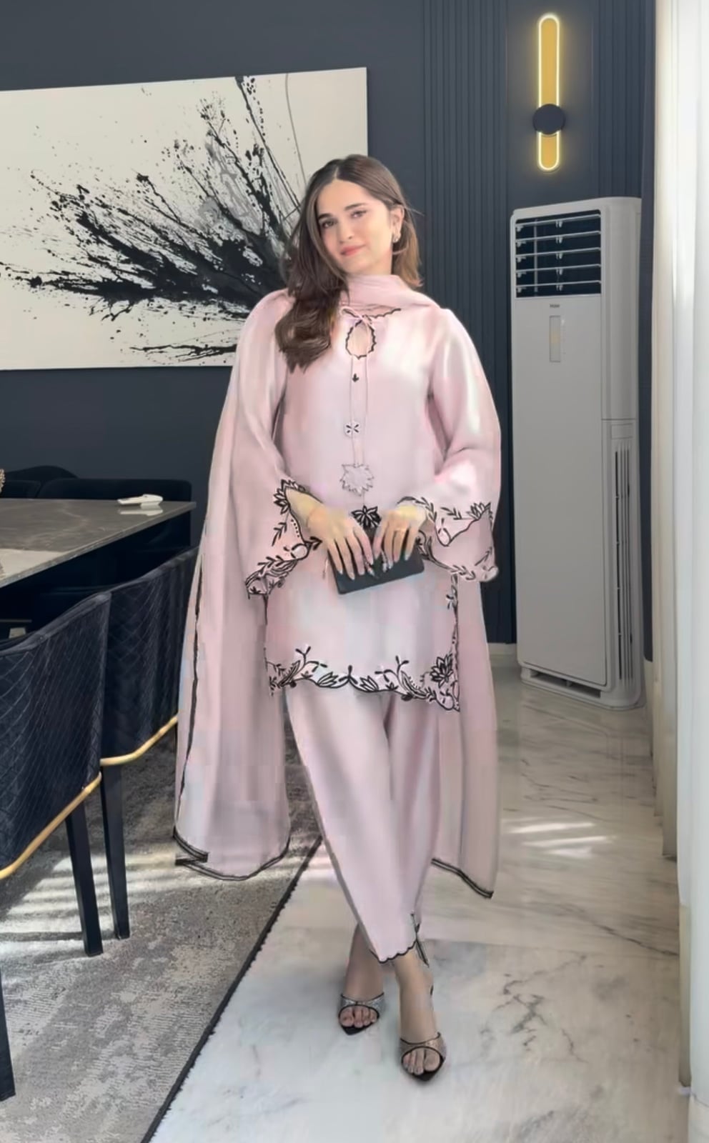Light Pink Silk Tunic Set With Black Embroidery — Classy Pastel Outfits