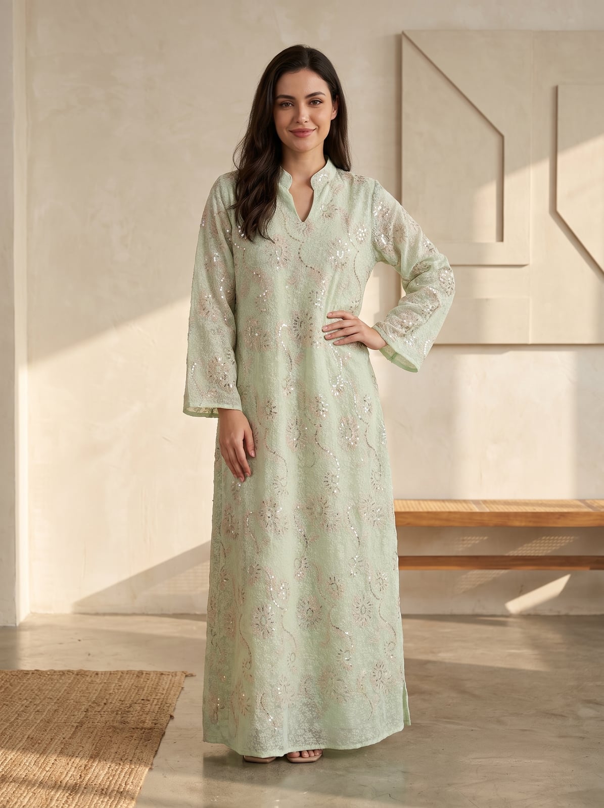 Pastel Green Sequin Maxi Kaftan Dress — Classy Pastel Outfits