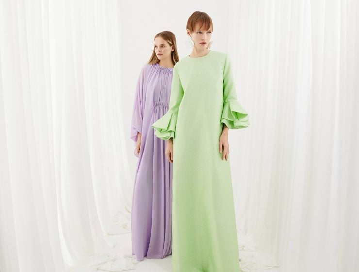 Light Green Bell Sleeve Dress And Lavender Column Dress — Classy Pastel Outfits