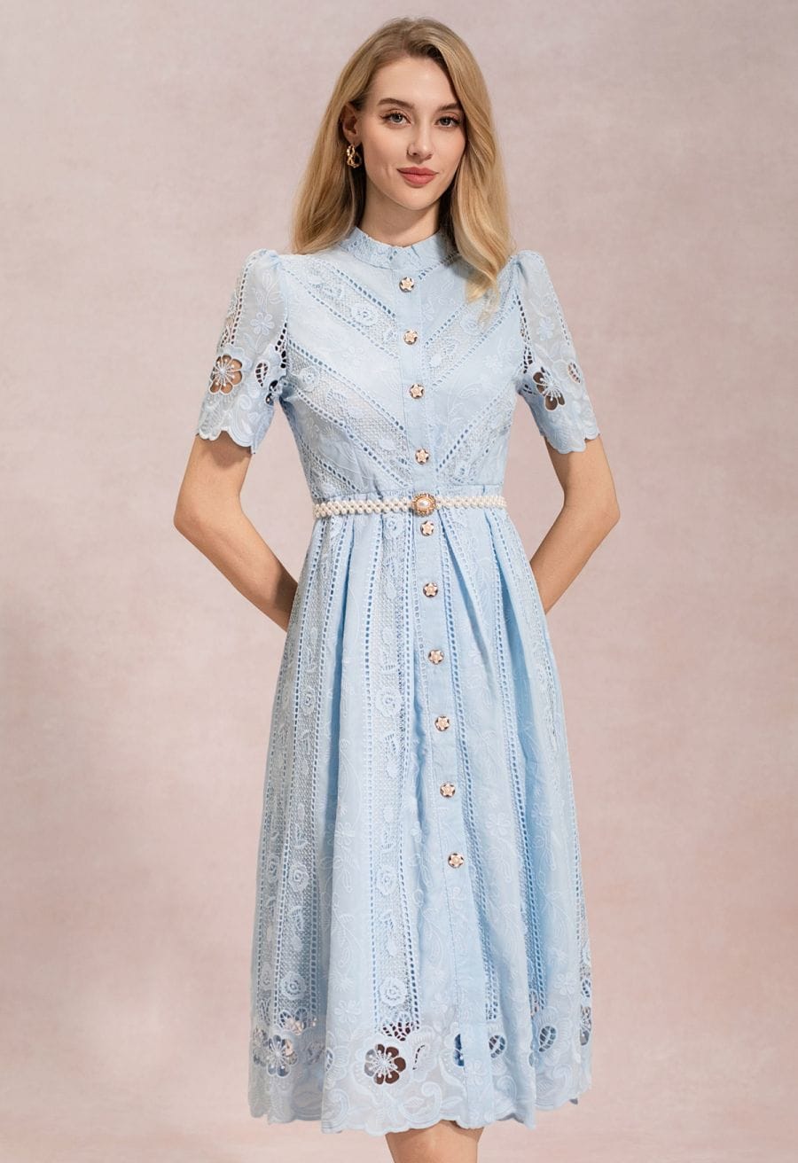 Blue Lace Midi Dress with Pearl Belt Blue Lace Midi Dress with Pearl Belt — Classy Pearl Outfits