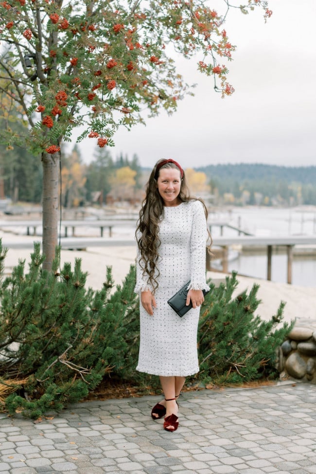 White Tweed-Like Midi Dress with Fringe Trim White Tweed-Like Midi Dress with Fringe Trim — Classy Pearl Outfits