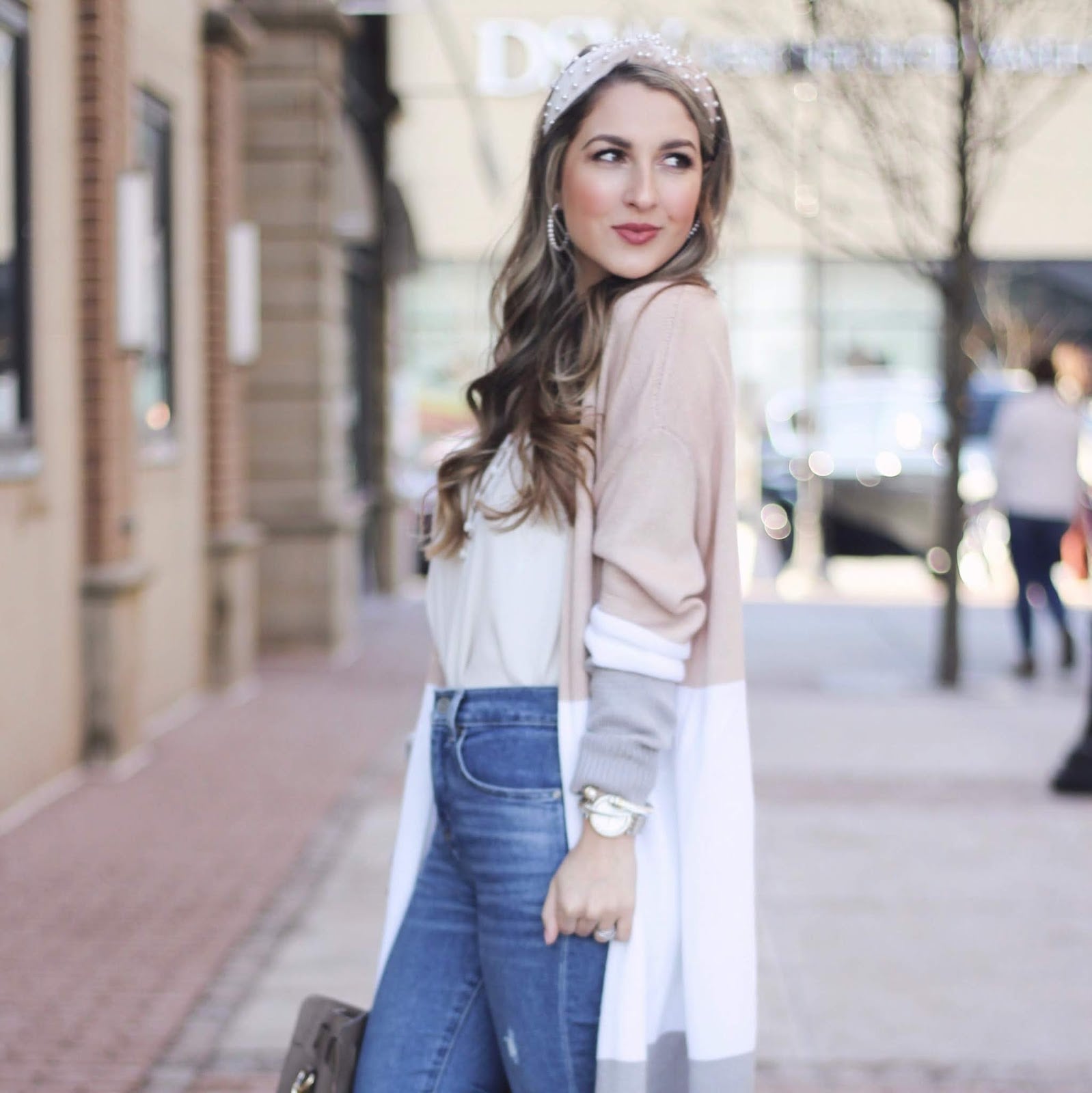 Color-block Cardigan with Pearl Headband Color-block Cardigan with Pearl Headband — Classy Pearl Outfits