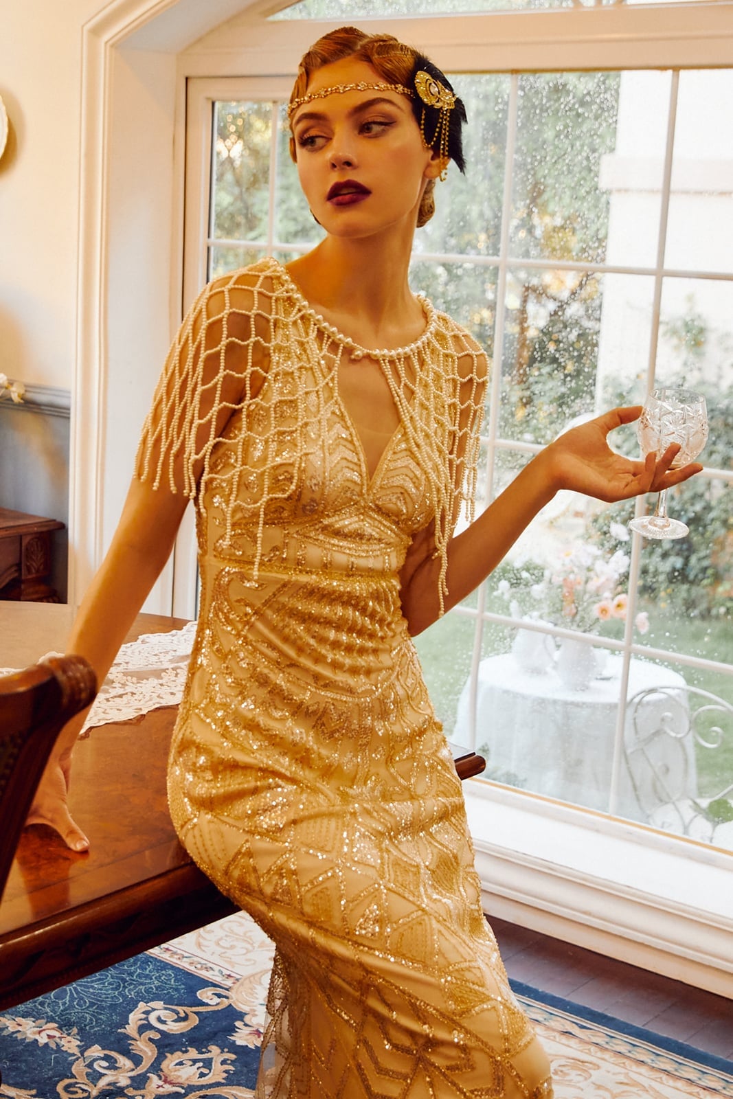 Gold Sequined Dress with Pearl Capelet Gold Sequined Dress with Pearl Capelet — Classy Pearl Outfits