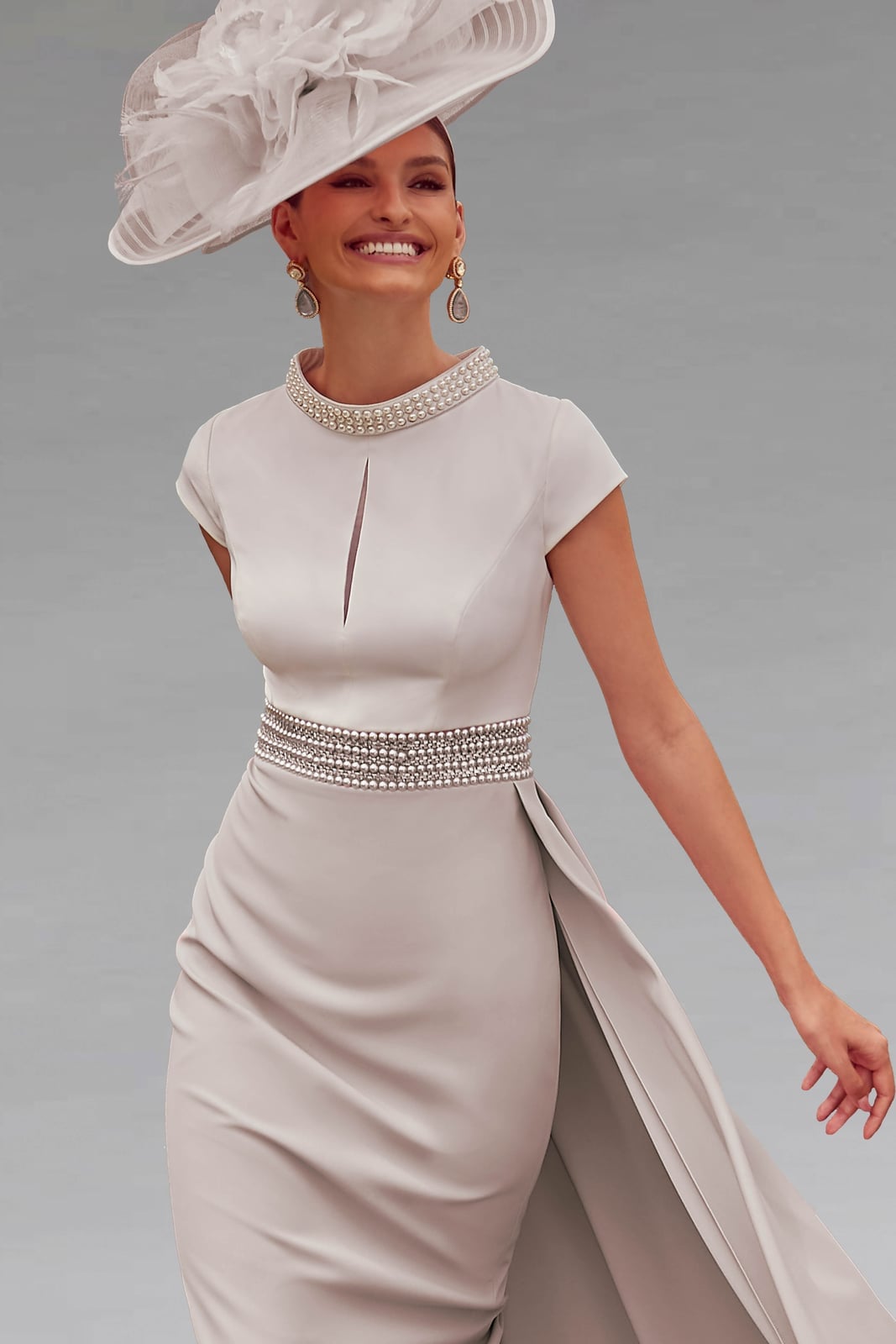 Grey Dress with Pearl Collar and Wide Brim Hat Grey Dress with Pearl Collar and Wide Brim Hat — Classy Pearl Outfits