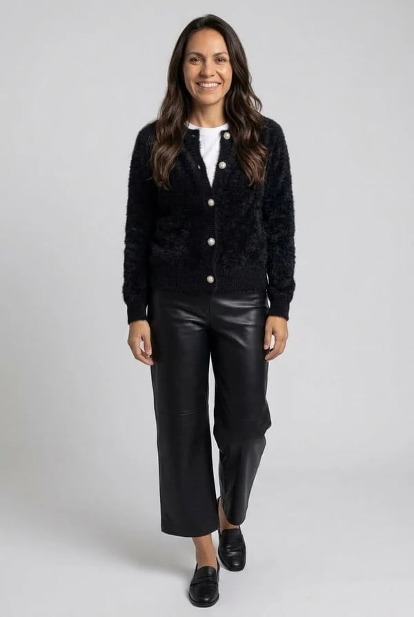 White T-Shirt and Fuzzy Cardigan with Pearl Buttons White T-Shirt and Fuzzy Cardigan with Pearl Buttons — Classy Pearl Outfits