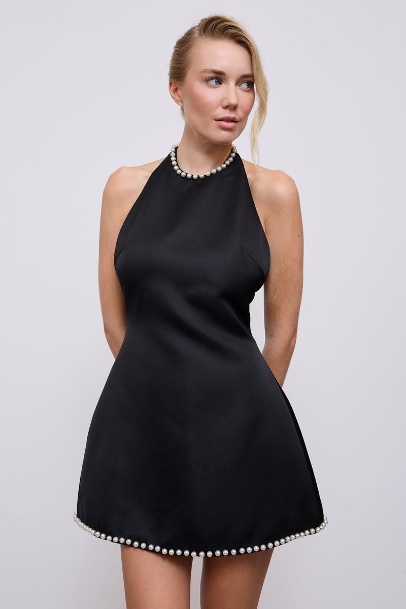 Black Satin Halter Dress with Pearl Trim Black Satin Halter Dress with Pearl Trim — Classy Pearl Outfits