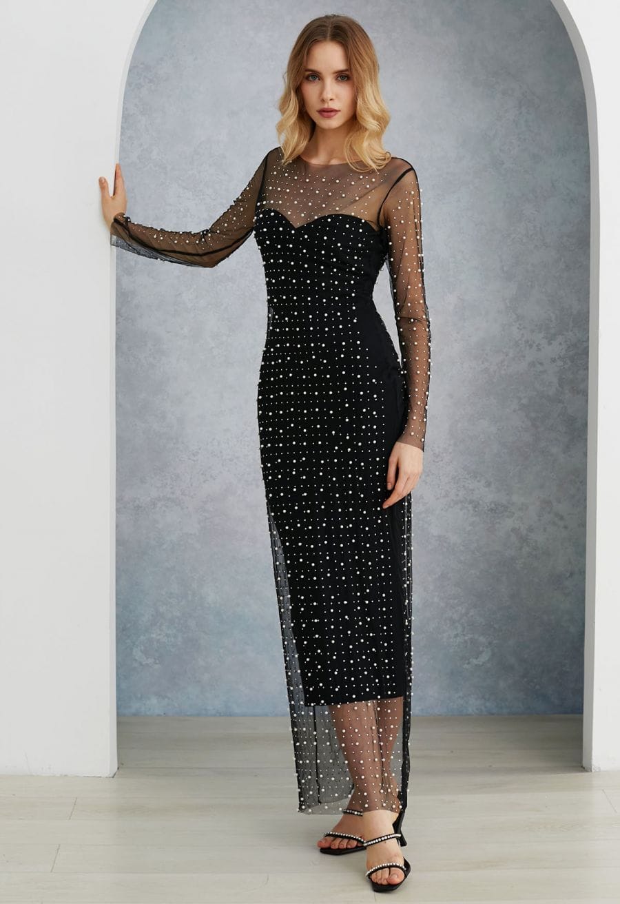 Black Sheer Mesh Maxi Dress with Full Pearl Embellishment Black Sheer Mesh Maxi Dress with Full Pearl Embellishment — Classy Pearl Outfits