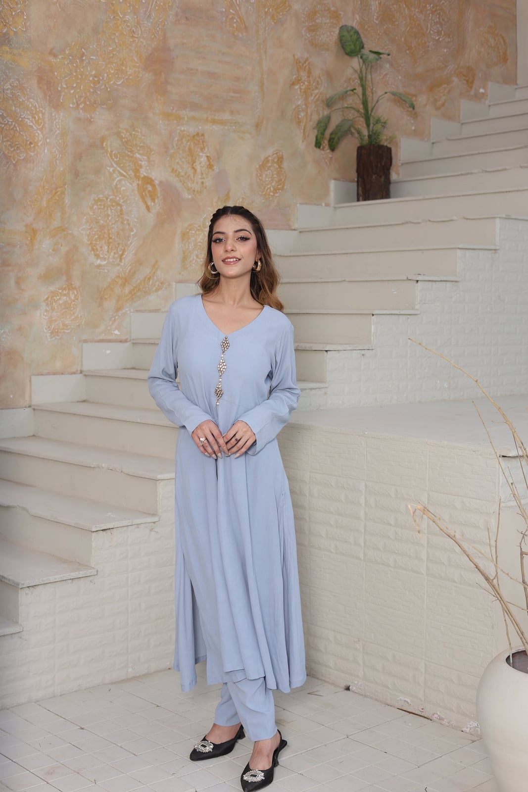 Light Blue Tunic with Embellished Neckline Light Blue Tunic with Embellished Neckline — Classy Pearl Outfits