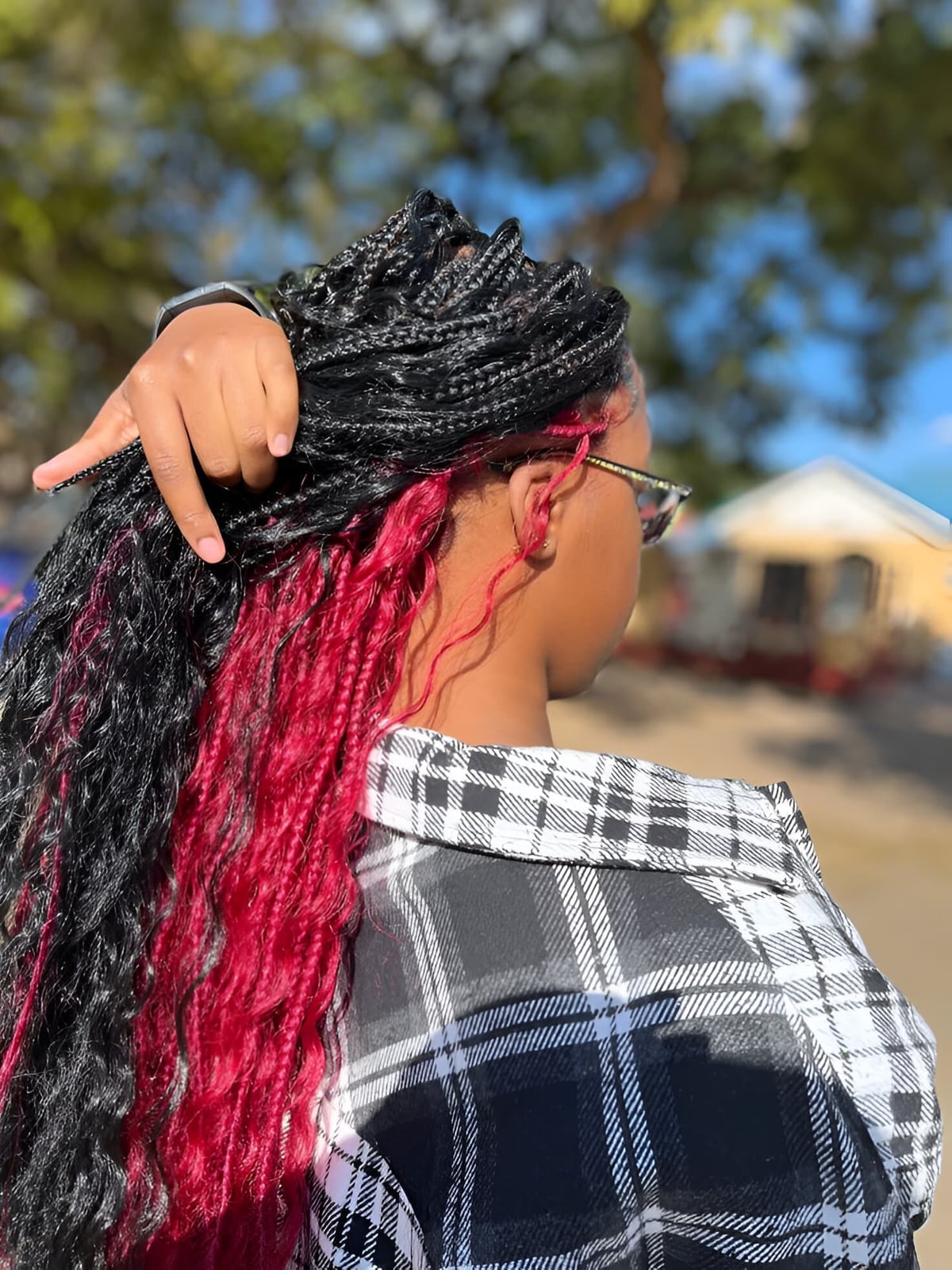 Brown Box Braids With Red Highlights and Gold Accents, Mid-Back Brown Box Braids With Red Highlights and Gold Accents, Mid-Back — Classy Peekaboo Braids