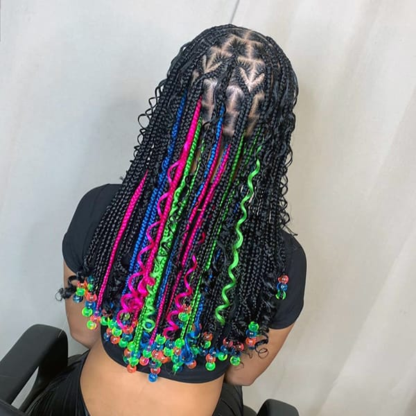 Curly Box Braids With Colorful Strands and Beads Curly Box Braids With Colorful Strands and Beads — Classy Peekaboo Braids