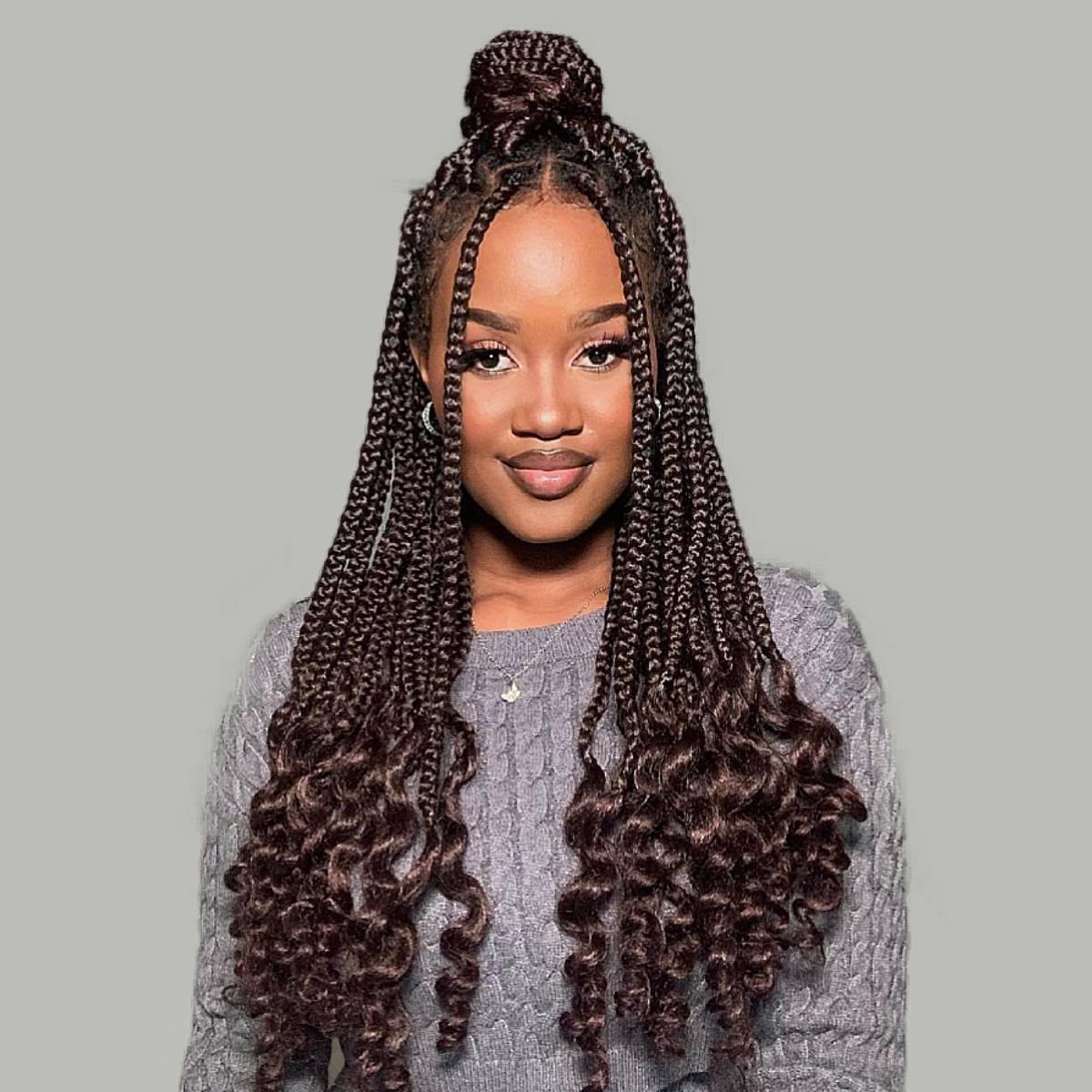 Dark Brown Box Braids With Voluminous Curly Ends Dark Brown Box Braids With Voluminous Curly Ends — Classy Peekaboo Braids