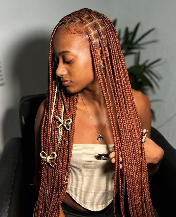 Copper Brown Box Braids With Blonde Strands Copper Brown Box Braids With Blonde Strands — Classy Peekaboo Braids