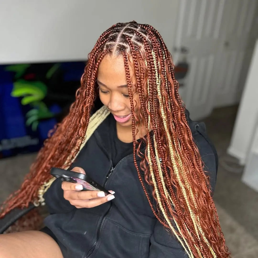 Auburn Box Braids With Blonde Highlights Auburn Box Braids With Blonde Highlights — Classy Peekaboo Braids