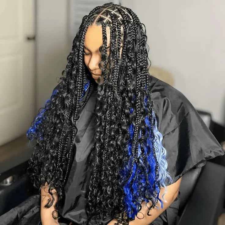 Curly Black Box Braids With Light Blue Highlights Curly Black Box Braids With Light Blue Highlights — Classy Peekaboo Braids