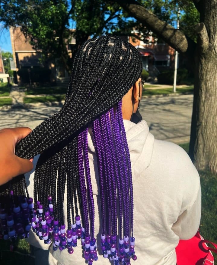 Black Box Braids With Purple Strands and Beads Black Box Braids With Purple Strands and Beads — Classy Peekaboo Braids