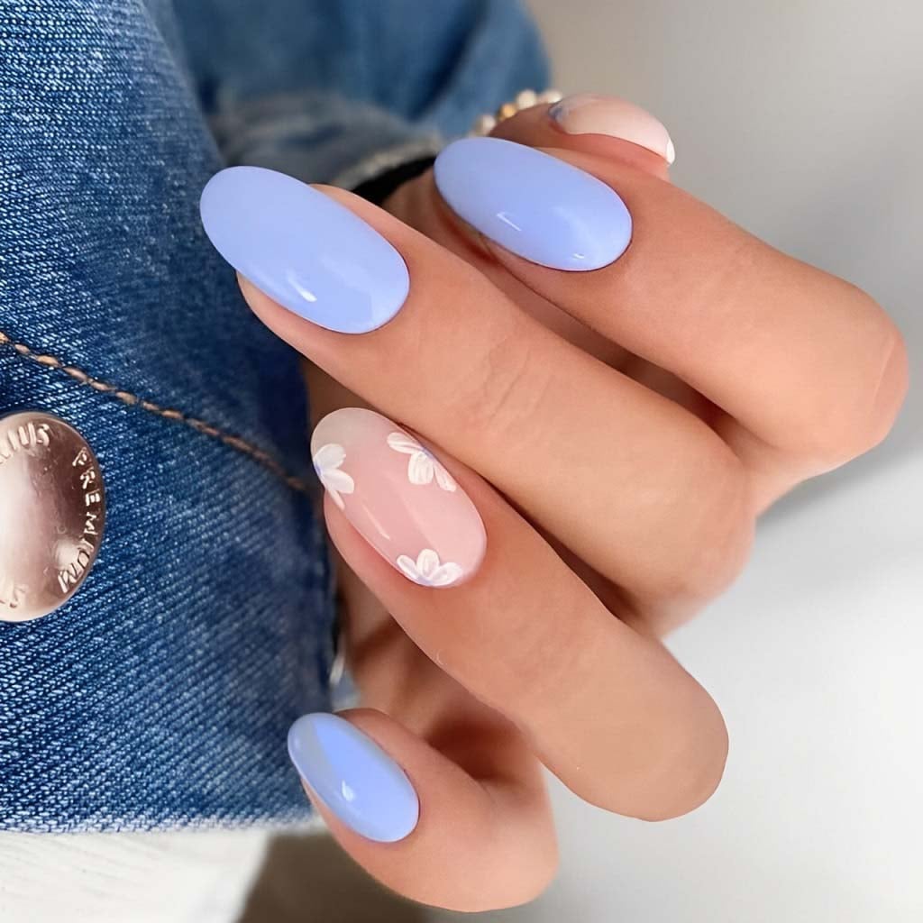 Periwinkle Oval Nails with Floral Accents — Classy Periwinkle Nails
