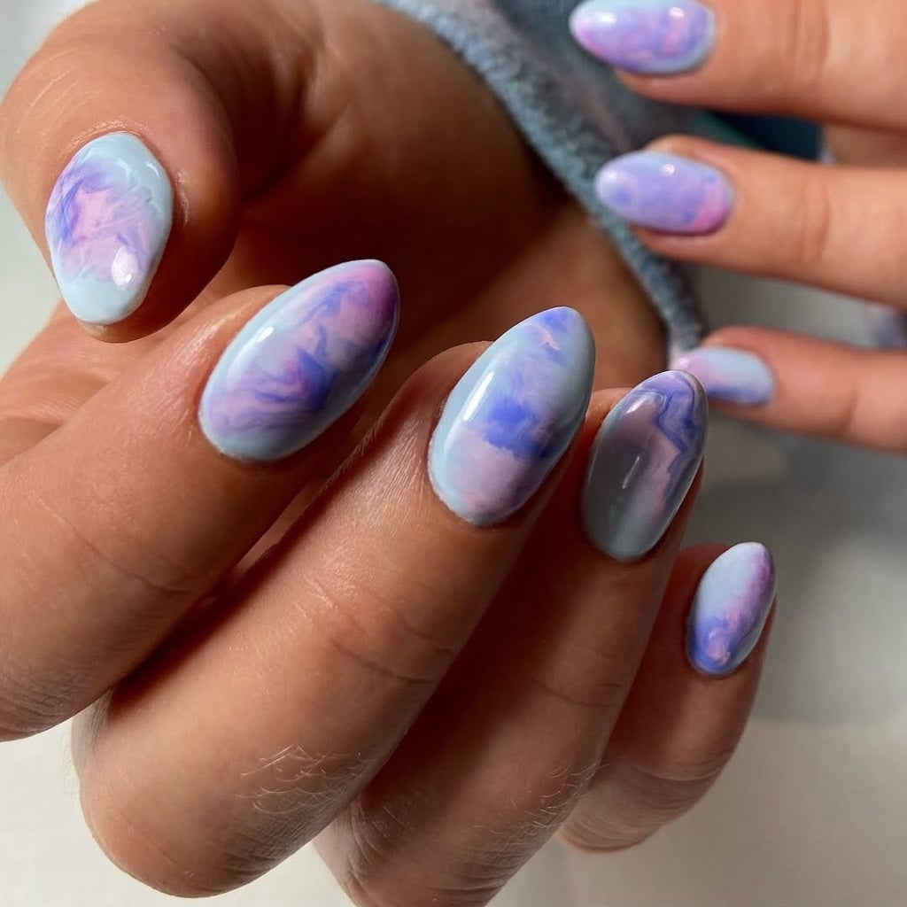 Periwinkle Marble Velvet Finish Oval Nails — Classy Periwinkle Nails