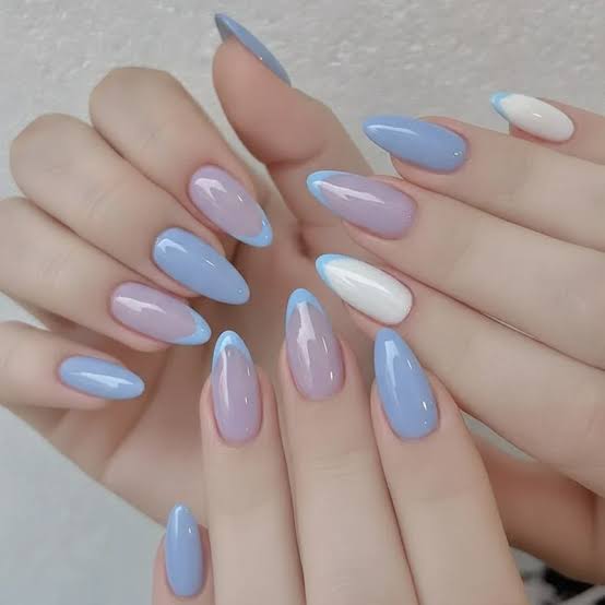 Dual French Tip Periwinkle Almond Nails, Glossy — Classy Periwinkle Nails