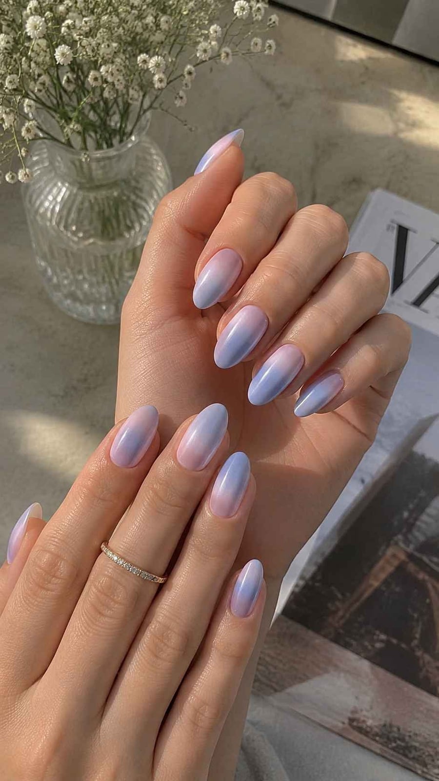 Periwinkle to Pink Ombre Medium Almond Nails — Classy Periwinkle Nails