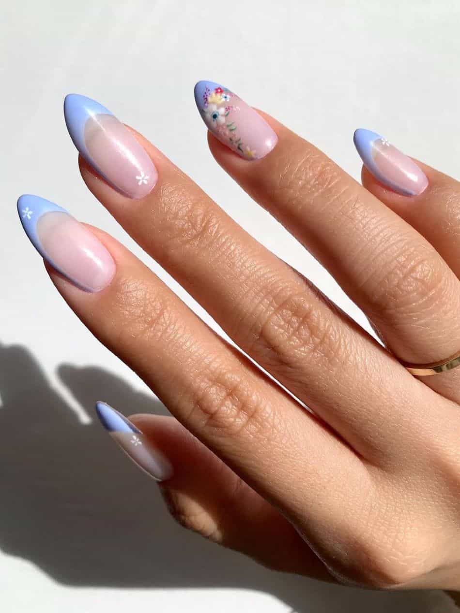 Periwinkle French Tips with Floral Accents — Classy Periwinkle Nails