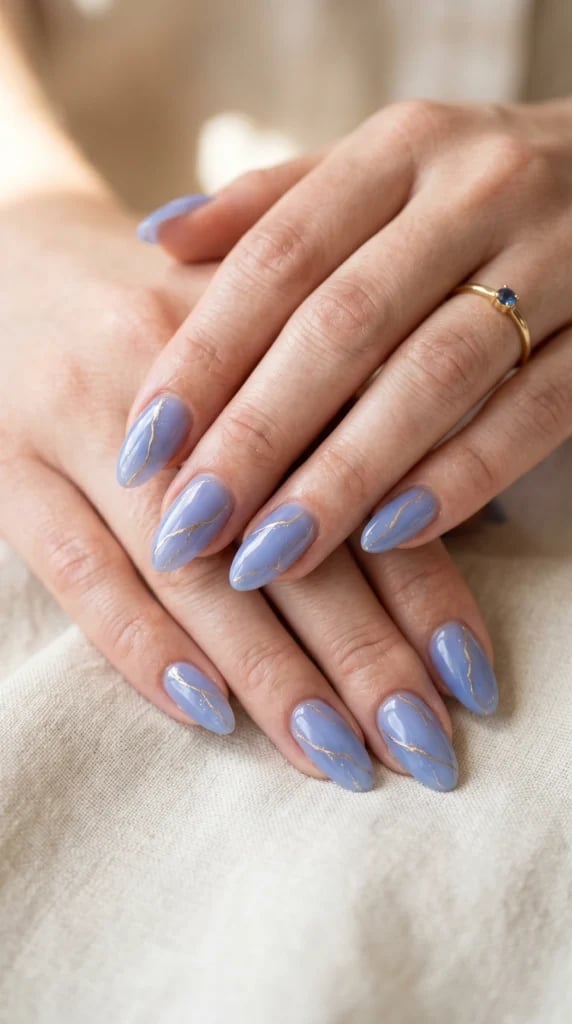Periwinkle Glossy Nails with Gold Lines — Classy Periwinkle Nails