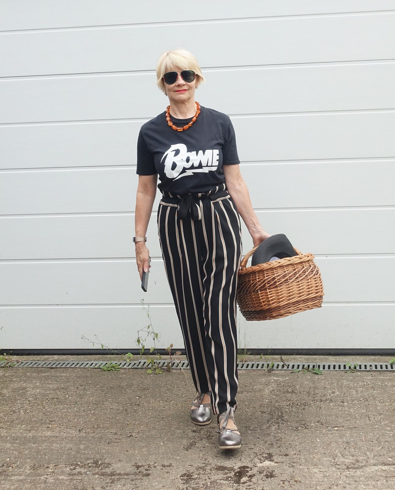 Striped Wide-Leg Trousers with Graphic Tee Striped Wide-Leg Trousers with Graphic Tee — Classy Picnic Outfit