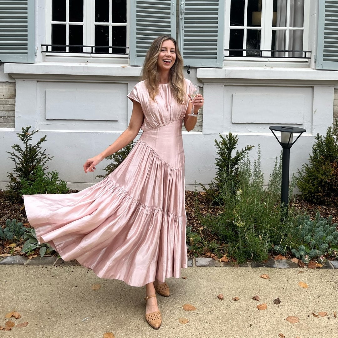 Pale Pink Satin Tiered Midi Dress for Garden Parties Pale Pink Satin Tiered Midi Dress for Garden Parties — Classy Picnic Outfit