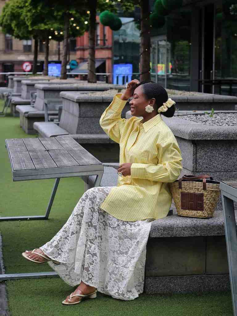 Striped Shirt with Lace Maxi Skirt and Straw Bag Striped Shirt with Lace Maxi Skirt and Straw Bag — Classy Picnic Outfit