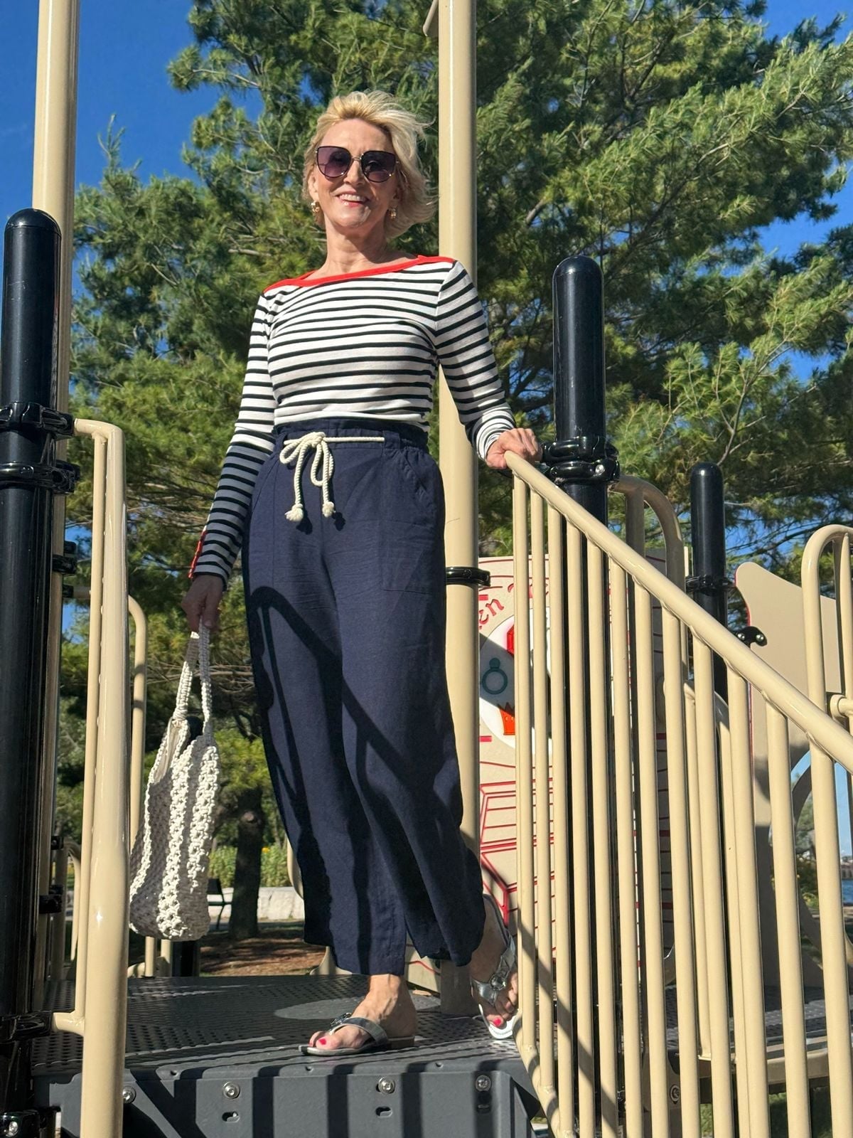 Navy Wide-Leg Trousers with Striped Top Navy Wide-Leg Trousers with Striped Top — Classy Picnic Outfit