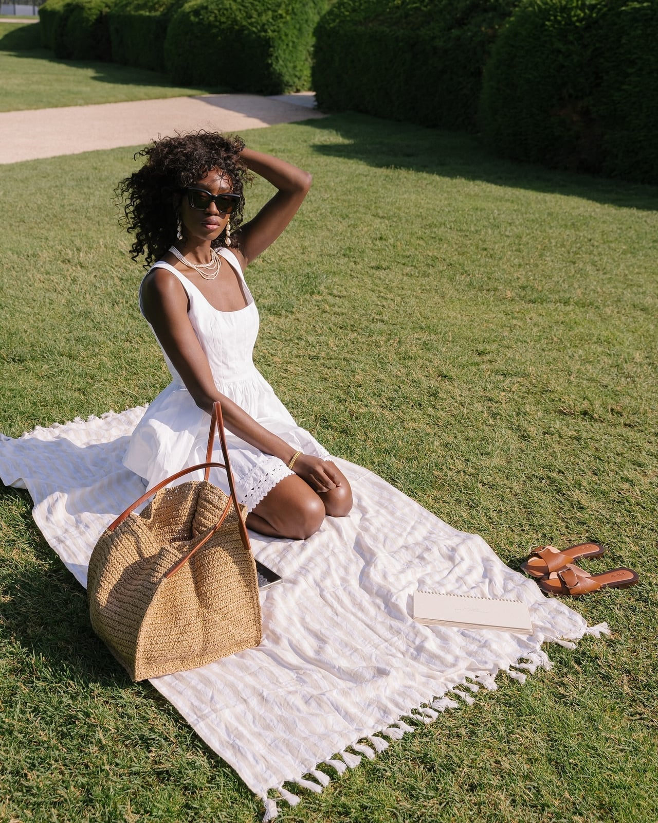 Eyelet Lace Cotton Dress with Straw Accessories Eyelet Lace Cotton Dress with Straw Accessories — Classy Picnic Outfit
