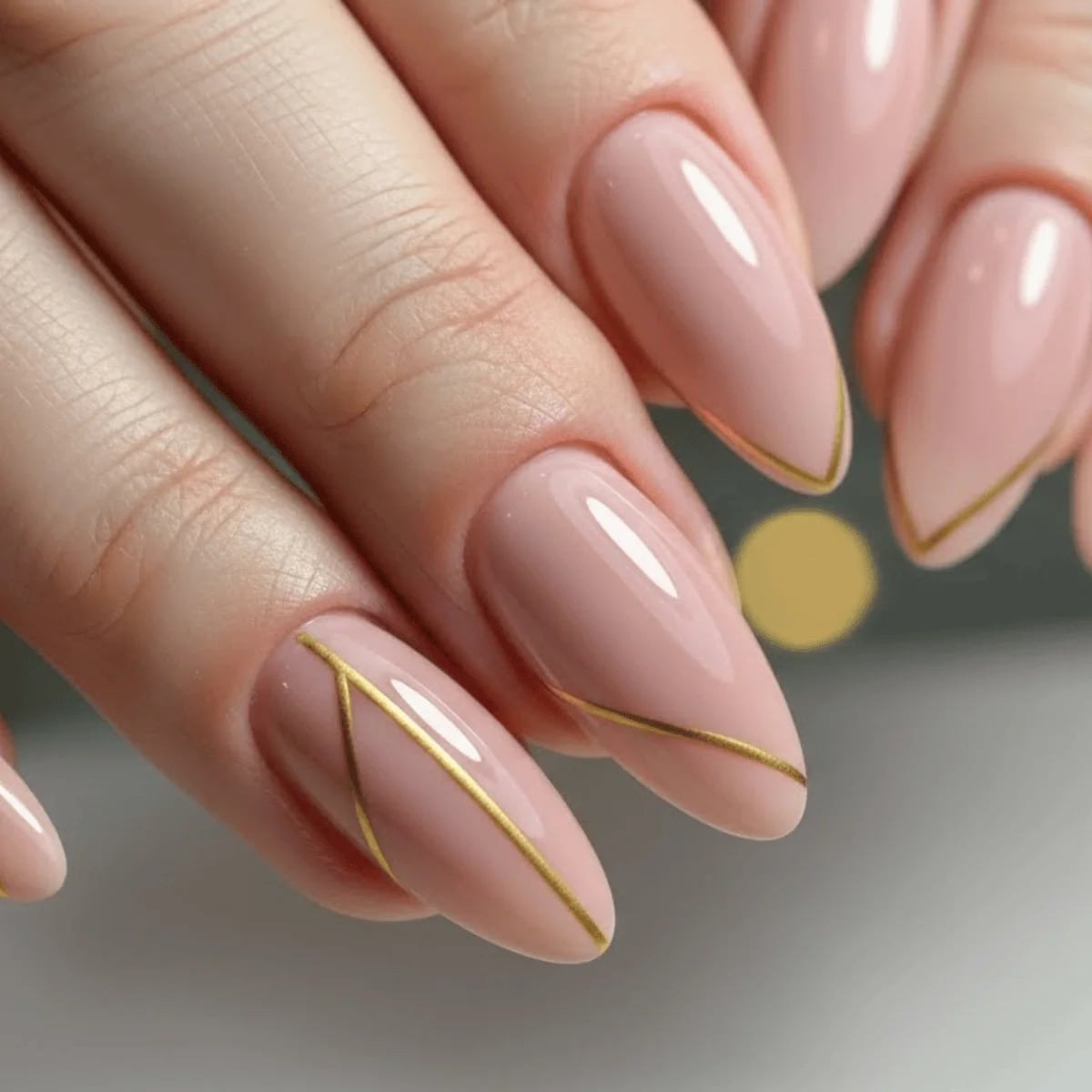 Nude Pink With Gold Geometric Lines Medium Almond Nails — Classy Pink Almond Nails