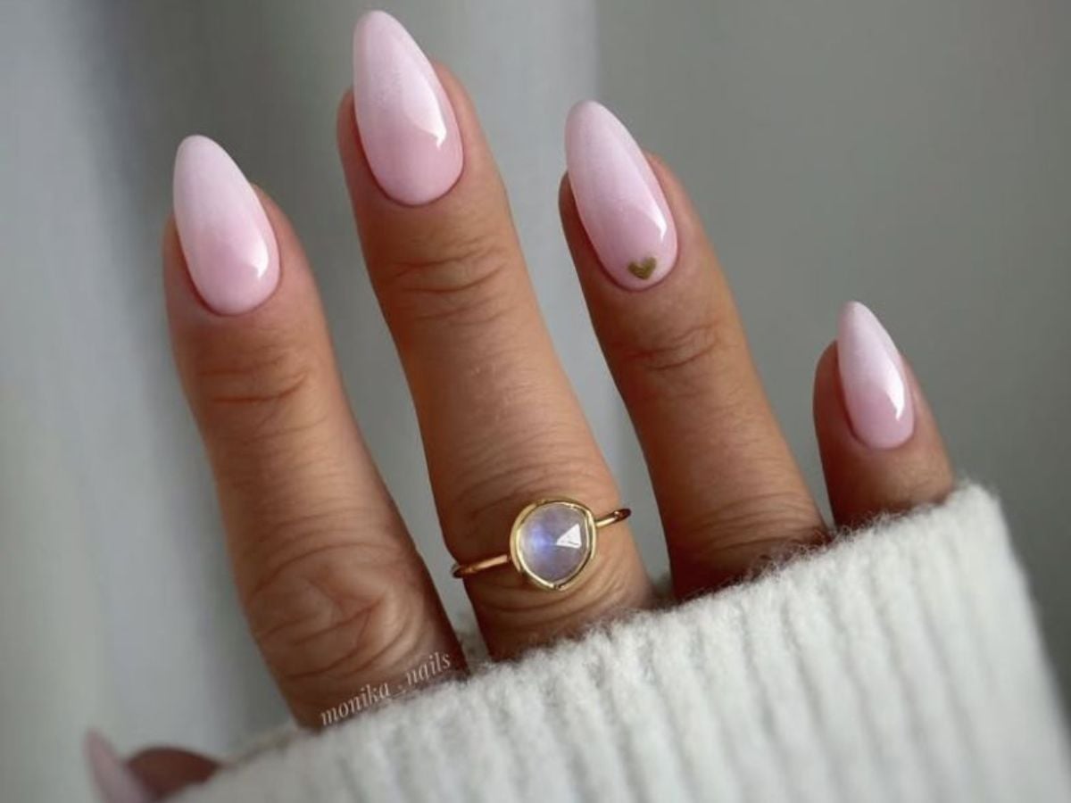 Milky Pink With Gold Heart Charm Medium Almond Nails — Classy Pink Almond Nails