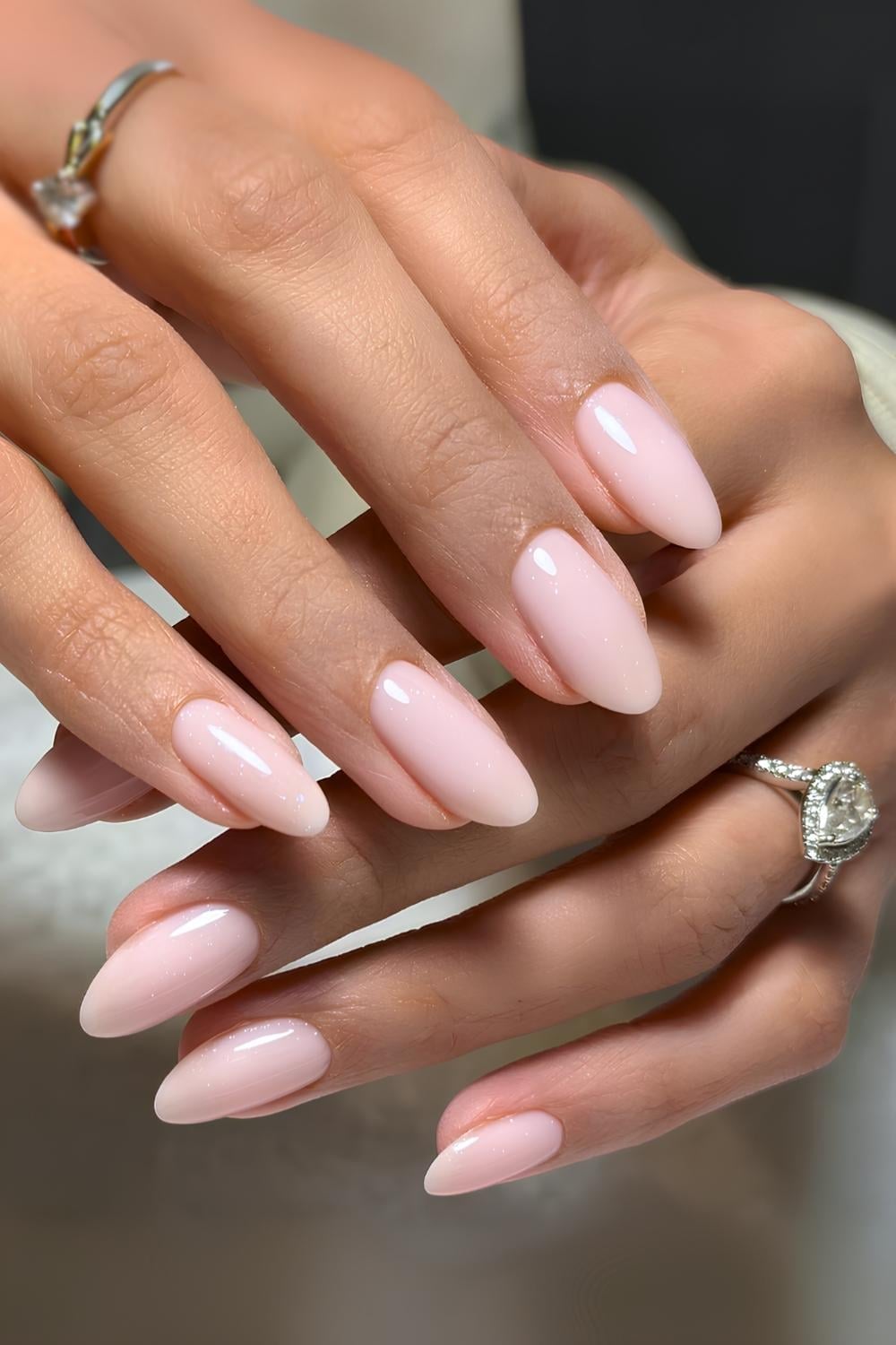 Milky Pink With Gold Line Short Almond Nails, Close-Up Take — Classy Pink Almond Nails