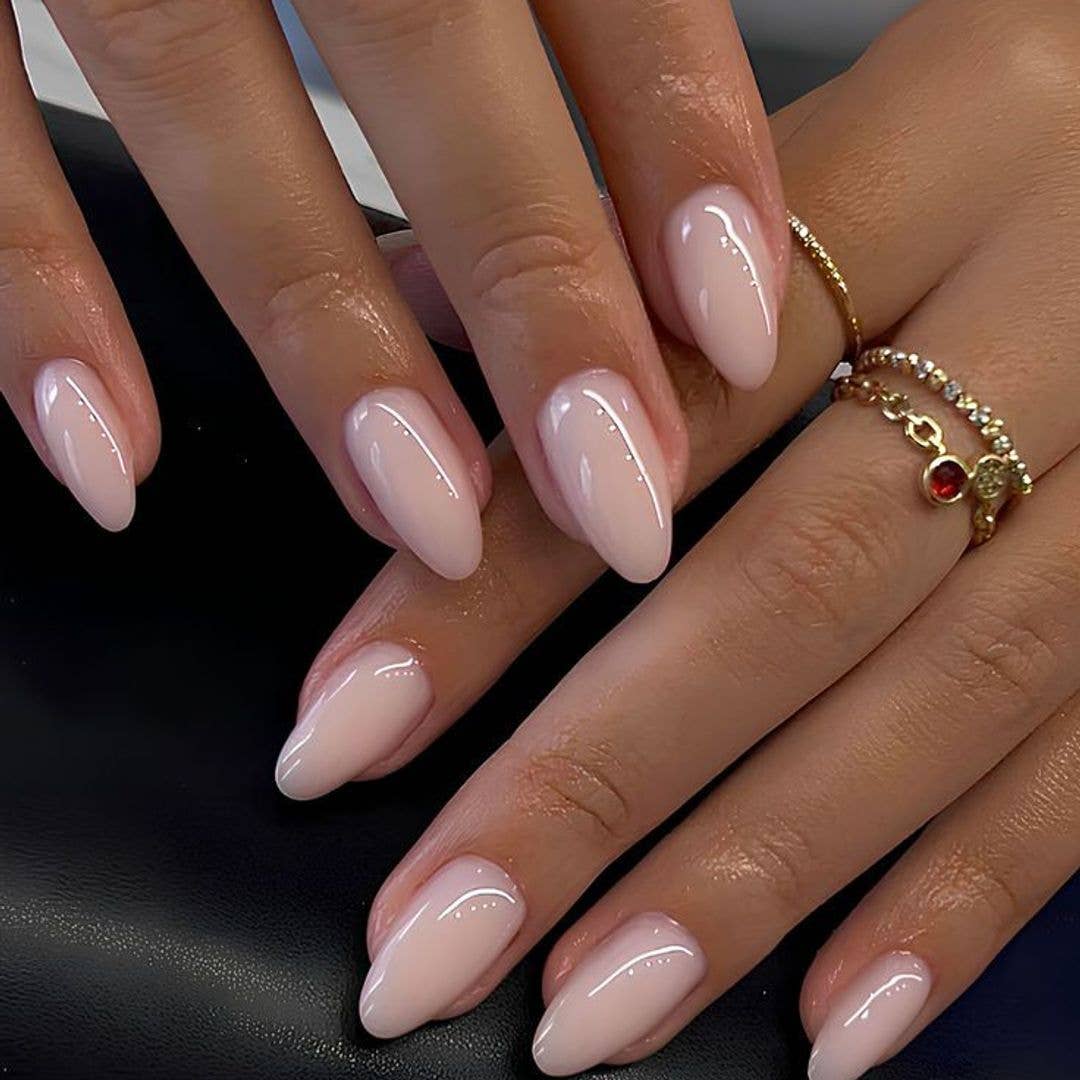 Nude Pink With Gold Geometric Lines Medium Almond Nails, Close-Up Take — Classy Pink Almond Nails