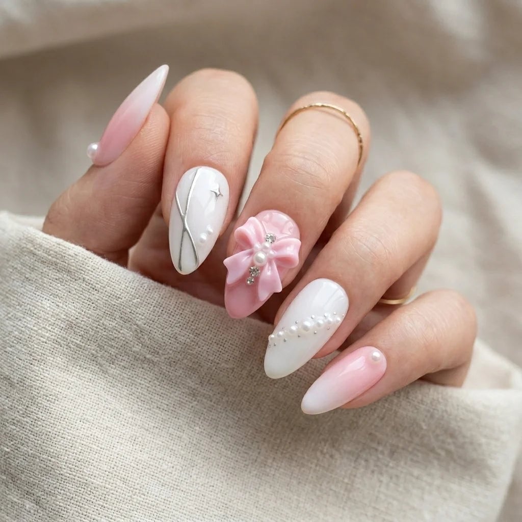 Opaque Pink With Gold Emblem Art Medium Almond Nails, Close-Up Take — Classy Pink Almond Nails